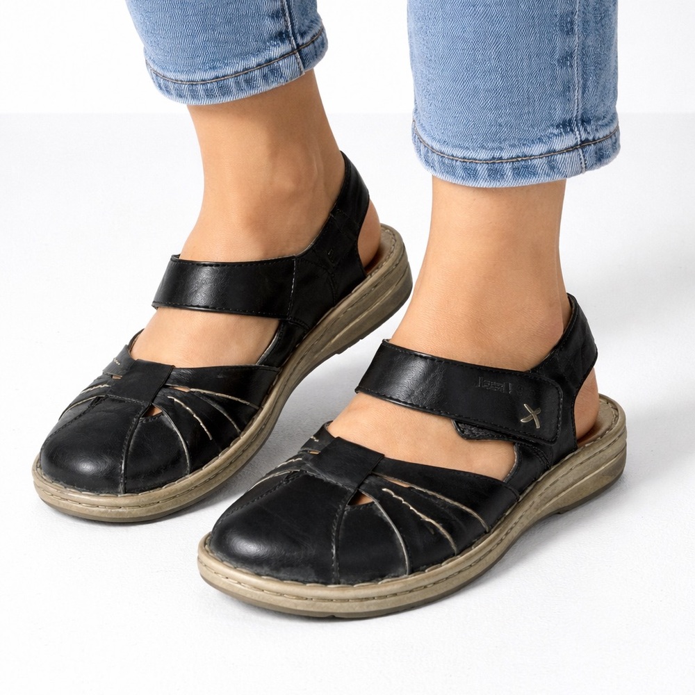 Josef Seibel Black Leather Fisherman Sandals Women EU 37 Comfort Walking Shoes